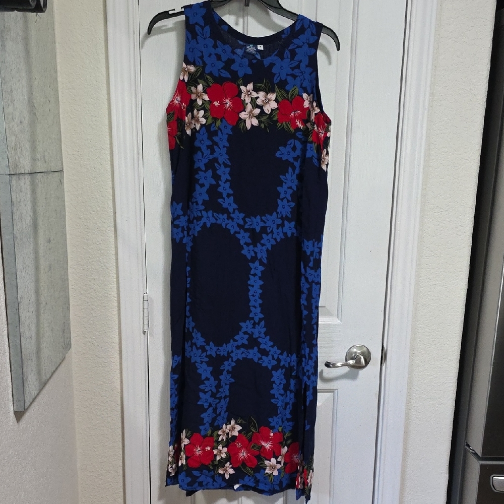 Hibiscus Collection HAWAII  Floral Navy Sleeveless Maxi Dress Size M